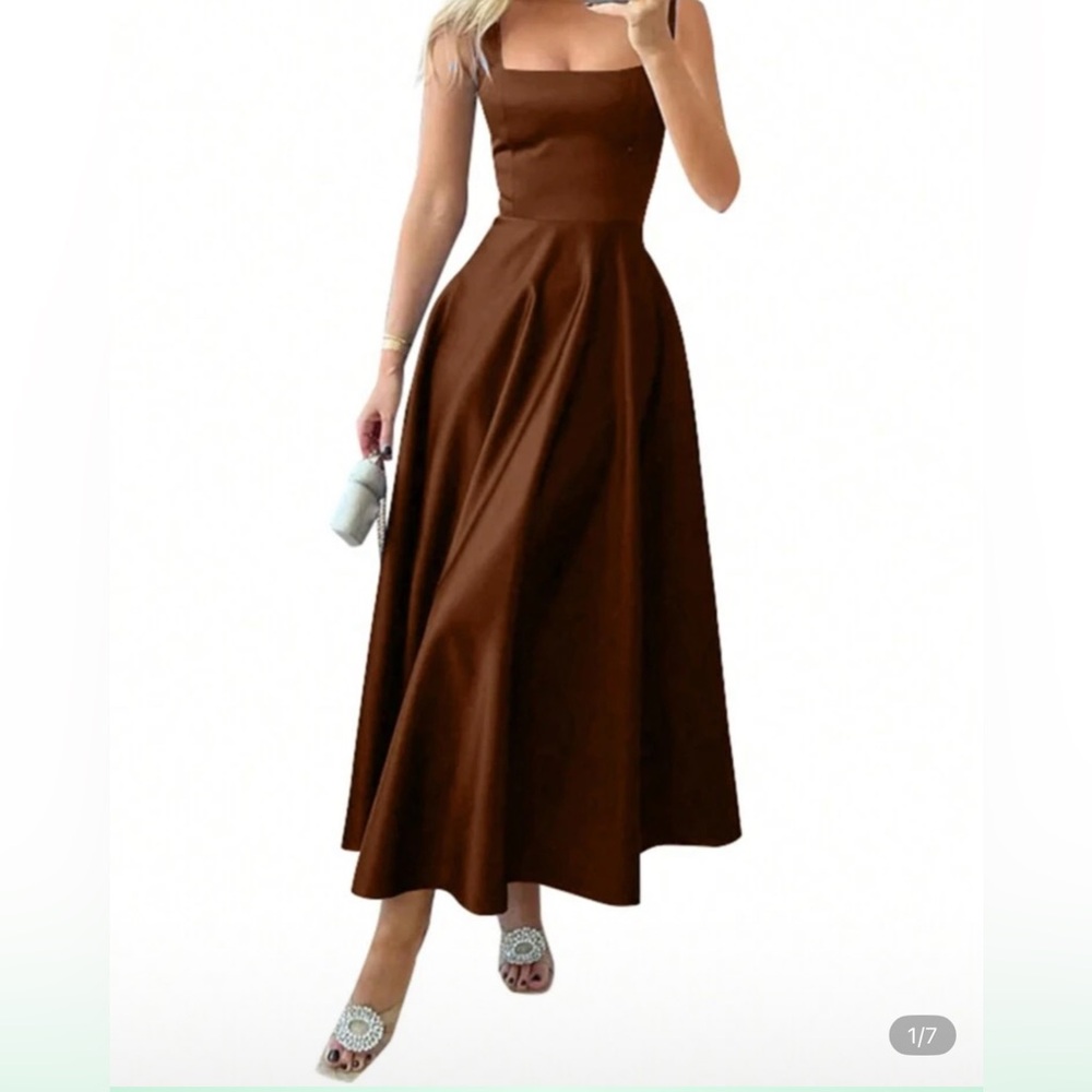 Zanzea Brown Sleeveless Square Neck Midi Sundress